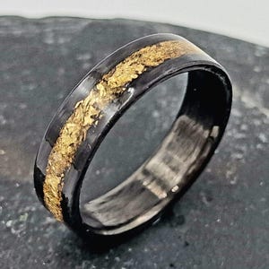 Black carbon fiber and gold leaf ring for men and woman, wedding ring, handmade, polished finish, made with bio-based resin