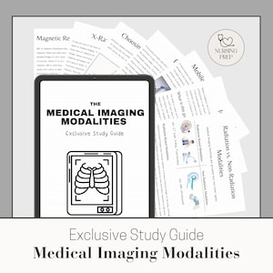 Puede incluir: Una tableta muestra la portada de una guía de estudio titulada "The Medical Imaging Modalities". La portada presenta una imagen estilizada de rayos X de una caja torácica. Varias páginas de notas y un logotipo de "Nursing Prep" son visibles en el fondo.