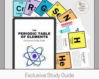 May include: A colorful study guide for the periodic table of elements. The guide features a diagram of an atom and the text "The Periodic Table of Elements, Exclusive Study Guide".