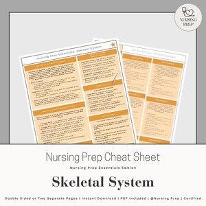 May include: Two-page study guide titled "Skeletal System" from Nursing Prep. The pages are white with orange text boxes and diagrams. The title is in large, bold, black font. The guide includes information on the skeletal system, bone types, and functions.