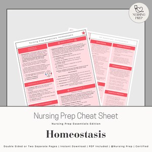 Puede incluir: Hoja de trucos de enfermería de dos páginas titulada "Nursing Prep Essentials: Homeostasis". Las páginas son blancas con texto y gráficos rosas y rojos. El título "Homeostasis" está en letras grandes y en negrita. La hoja de trucos está diseñada para descarga instantánea.