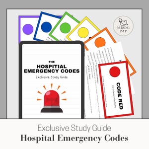 Könnte beinhalten: Ein Studienleitfaden für Notfallcodes im Krankenhaus. Der Leitfaden zeigt ein rotes und weißes Sirenen-Symbol und den Text "The Hospital Emergency Codes Exclusive Study Guide".
