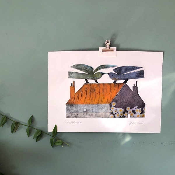 Ova roof tops 34 original intaglio TetraPak print with vintage and hand created paper chine colle contemporary wall art