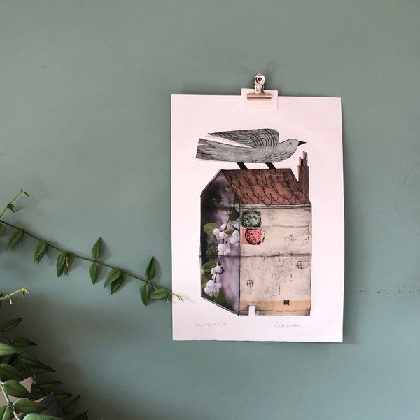 Ova roof tops 27 original intaglio TetraPak print with 100 years old vintage envelope chine colle contemporary wall art