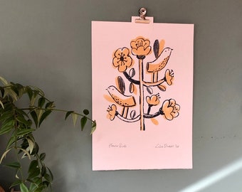 Flower bird’s original hand pulled screen print wall art