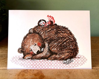 Lil and Bear hand screen printed blank greeting card