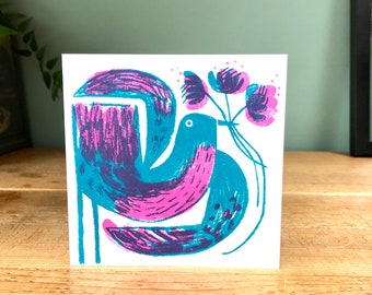 Bloom bird turquoise and pink hand screen printed blank card