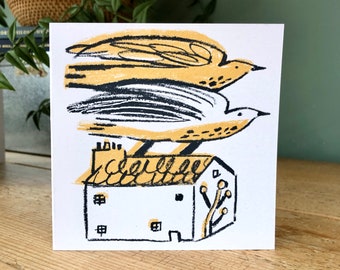 Home birds handprinted blank card