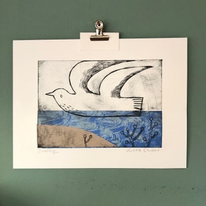 Surfing Original drypoint etching with chine colle wall art image 1