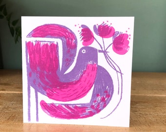 Bloom bird lilac and pink hand screen printed blank card