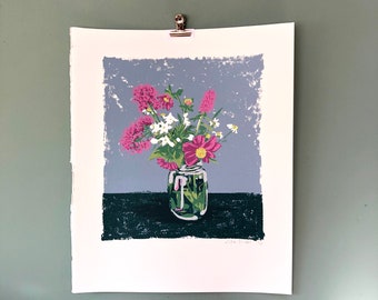 Jam jar flowers Original screenprint floral wall art