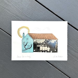 May include: Mixed media artwork showing a blue house with a brown roof and a gold sun. The artwork includes a black and white photograph of four children. The text "four for a boy" is written on the artwork.