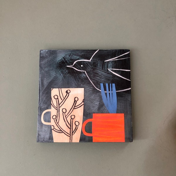 Night time tea original painting and collage on wooden box canvas