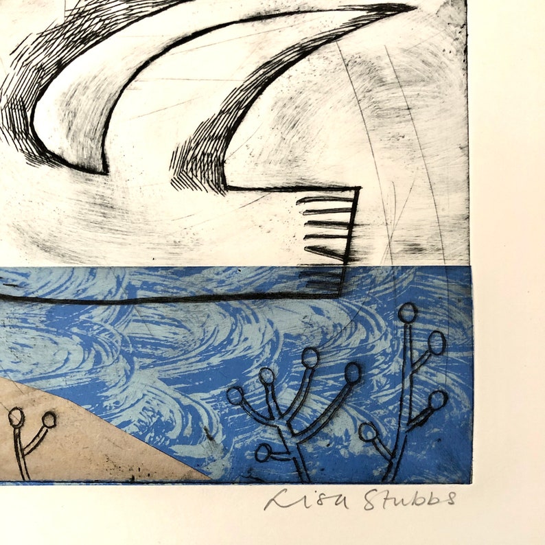 Surfing Original drypoint etching with chine colle wall art image 3