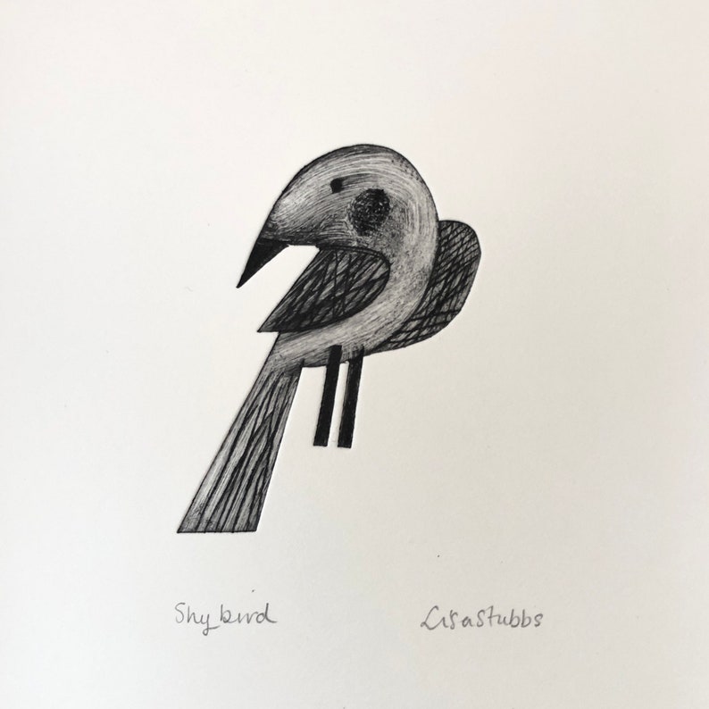 Shy bird original drypoint etching wall art image 2