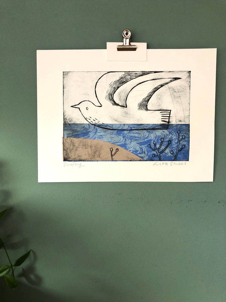 Surfing Original drypoint etching with chine colle wall art image 5