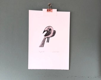 Shy bird original drypoint etching wall art