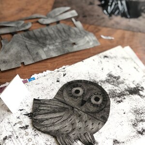 Owl intaglio TetraPak print with handmade and vintage paper chine colle contemporary wall art image 4
