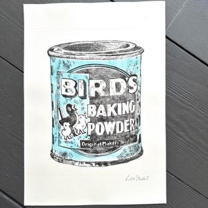 May include: A monochrome illustration of a Birds Baking Powder tin. The tin is light blue with the words "BIRDS BAKING POWDER" in bold letters. Two cartoon birds are on the front. The words "Original Makers" are also visible.