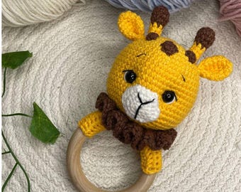 Crochet Giraffe Baby Rattle, Handmade Plush Toy