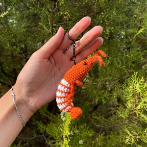 May include: A crocheted shrimp keychain in orange and white. The shrimp has a black keychain ring and chain. The keychain is held in front of a green leafy background.