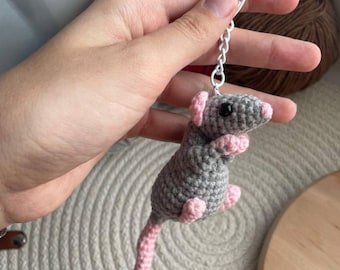 Handmade Crochet Rat Keychain – Gray & Pink Amigurumi Plush Crochet toy