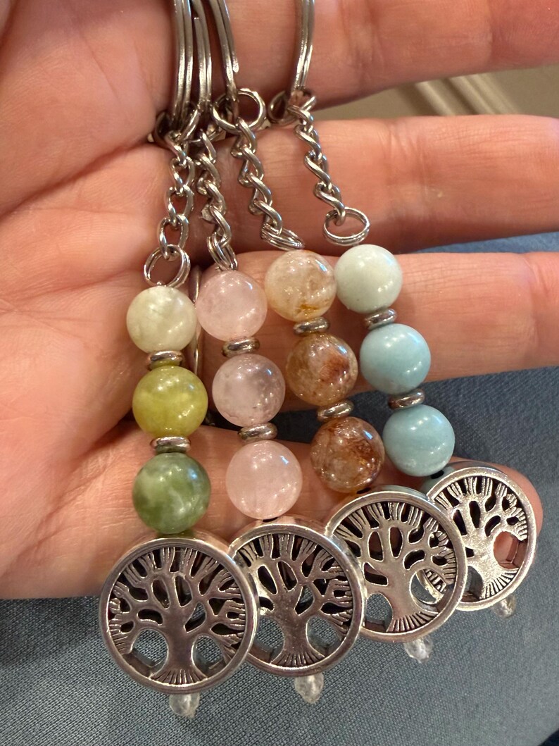 May Tree Keychain Gemstone Tree of Life Keychain 3 Semi Precious Stones, Split Ring or ...