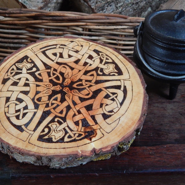 Rustic wooden pyrographic Celtic knotwork dragons plaque / altar plate