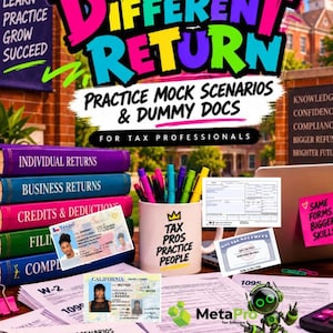 May include: A study guide titled A Different Return for tax professionals, featuring a stack of colourful books, a mug labelled Tax Pros Practice People, pens, dummy tax forms, a Social Security card, and two state driver's licences.