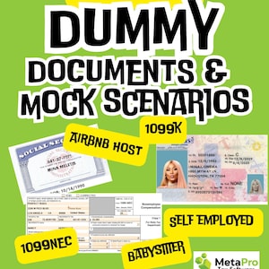 May include: A green and yellow graphic with the text "DONE FOR YOU DUMMY DOCUMENTS & MOCK SCENARIOS 1099K" and images of tax forms, a driver's license, and a woman's face. The text "AIRBNB HOST", "SELF EMPLOYED", "BABYSITTER", and "Meta Mindset: Elevate Your Tax Hustle to the Next Level" is also included.