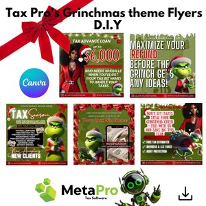 Może przedstawiać: Cztery kolorowe ulotki z motywem Grincha promujące usługi podatkowe. Ulotki przedstawiają zieloną postać Grincha, kobietę w czerwonej sukience i telefon z powiadomieniem. Tekst na ulotkach zawiera "Tax Season", "Tax Advance Loan", "Maximize Your Refund" i "Don't Let Taxes Steal Your Christmas Cheer".