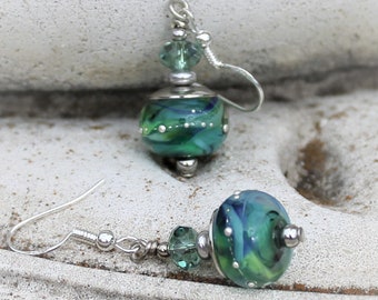 Teal Glass Earrings, Lampwork, Handmade