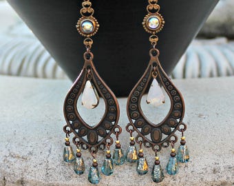 Bohemian Chandelier Earrings, Vintage Jewel, White, Blue, Antique Copper, Boho  Dangle