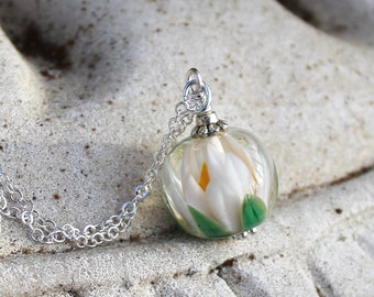 Lampwork Glass and Silver Pendant Necklace, Handmade Glass, White, Green, Yellow Flower