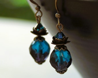 Dark Teal Drop Earrings - Petite, Bohemian Czech Glass, Antique Brass