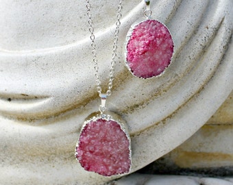 Large Pink Druzy Necklace, Agate Jewlry, Long Chain, Silver, Stone