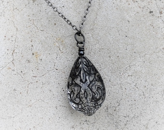 Black Lace Teardrop Pendant, Long Chain