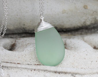 Seafoam Green Sea Glass and Silver Pendant, Long, Wire Wrapped