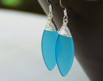 Sea Glass Earrings, Cerulean Blue, Silver, Beach Jewelry