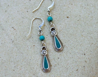 Silver and Turquoise Blue Enamel Charm Earrings