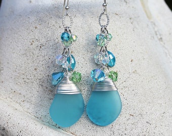 Sea Glass and Crystal Dangle Earrings, Aqua, Green, Silver, Beach Jewelry