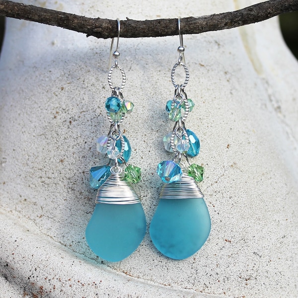 Sea Glass and Crystal Dangle Earrings, Aqua, Green, Silver, Beach Jewelry