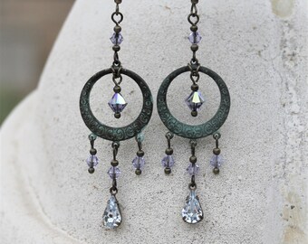 Boho Hoop Chandelier Earrings - Verdigris Patina, Sapphire Blue, Vintage Jewel