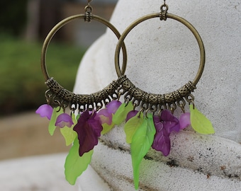 Large Boho Chandelier Hoop Earrings, Flower, Leaf, Dangle