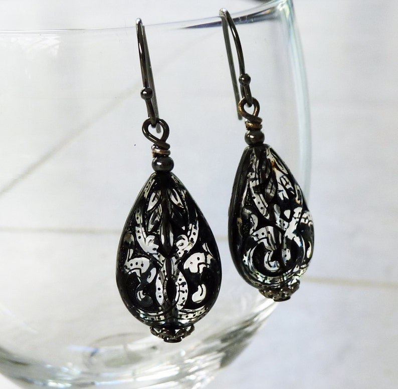 Black Teardrop Earrings, Etched, Lightweight, Gift under 15 image 5