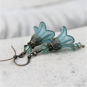 Frosted Teal Lucite Flower Earrings, Bohemian, Swarovski, Antique Brass