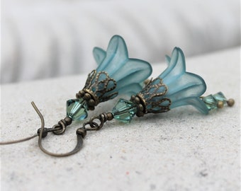 Frosted Teal Lucite Flower Earrings, Bohemian, Swarovski, Antique Brass