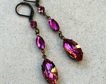 Fuchsia Volcano Pink Geometric Vintage Jewel Earrings - Antique Brass, Crystal Dangle