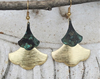 Bohemian Earrings, Leaf, Dangle, Gold, Verdigris, Rustic, Dark Teal Green