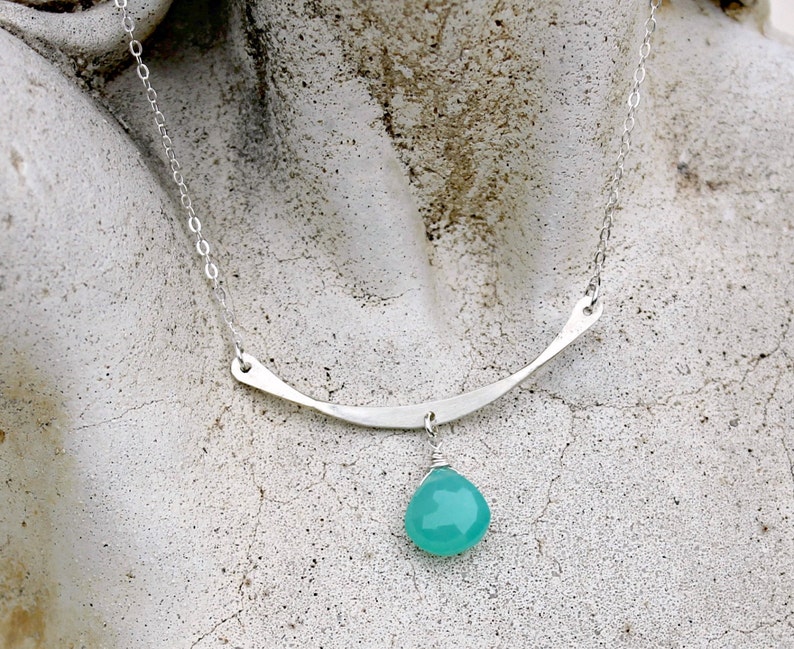 Gift for Her Minimalist Sterling Silver Bar Gemstone Necklace Teal Gemstone